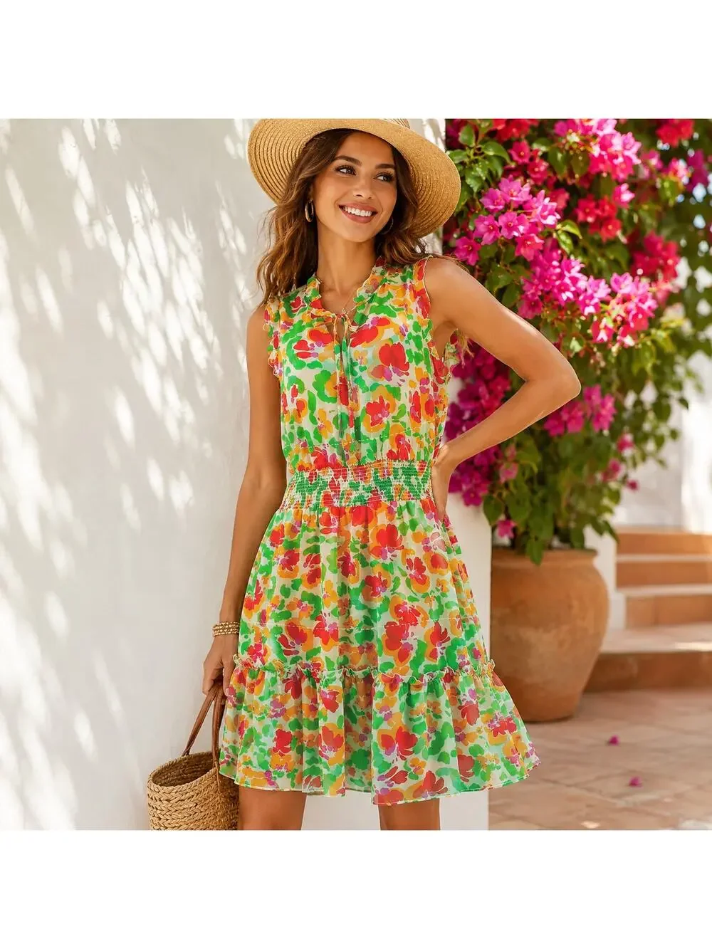 CAbi SZ M Spirit Dress Chiffon Smocked Ruffled Floral 6216 - Picture 1 of 5